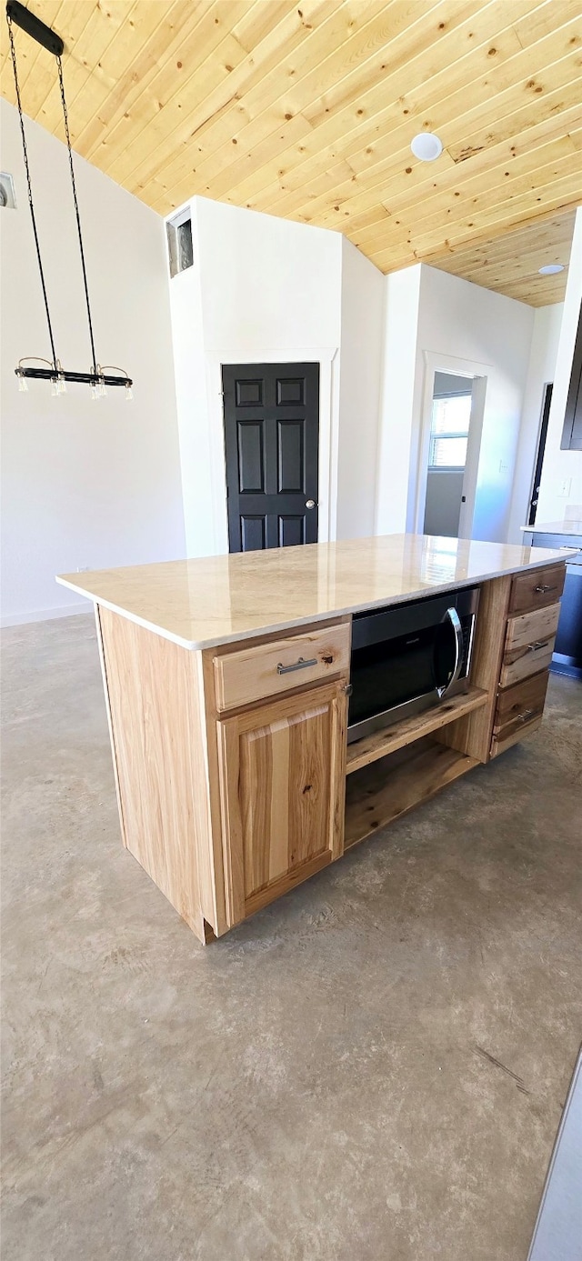 kitchen with a kitchen island, wooden ceiling, hanging light fixtures, and concrete floors