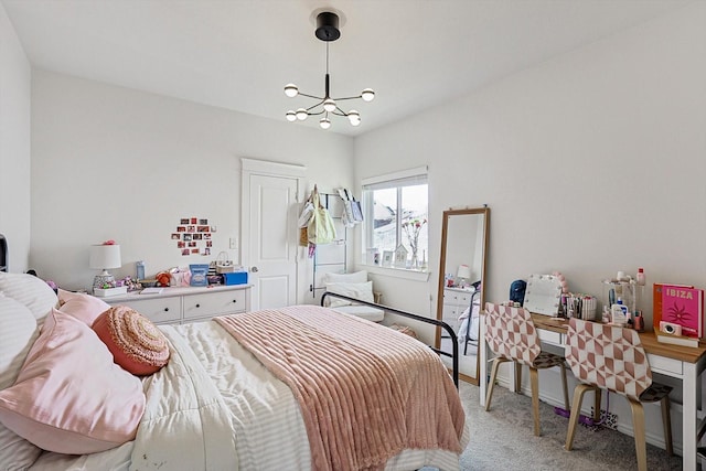 bedroom featuring light colored carpet, a notable chandelier, and baseboards