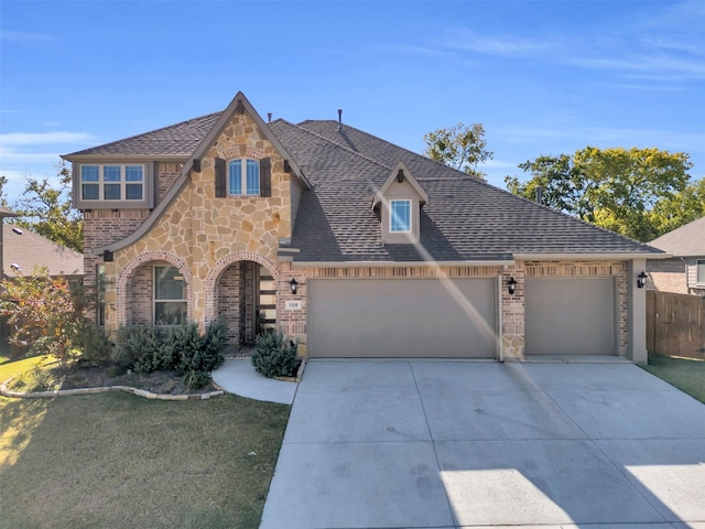 view of front of property with a garage and a front lawn