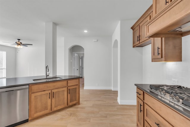 kitchen featuring sink, ceiling fan, premium range hood, appliances with stainless steel finishes, and backsplash