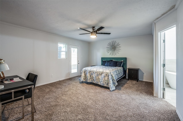 bedroom featuring crown molding, ceiling fan, carpet, and a textured ceiling