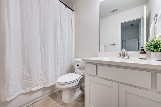 full bathroom featuring vanity, toilet, and shower / bathtub combination with curtain