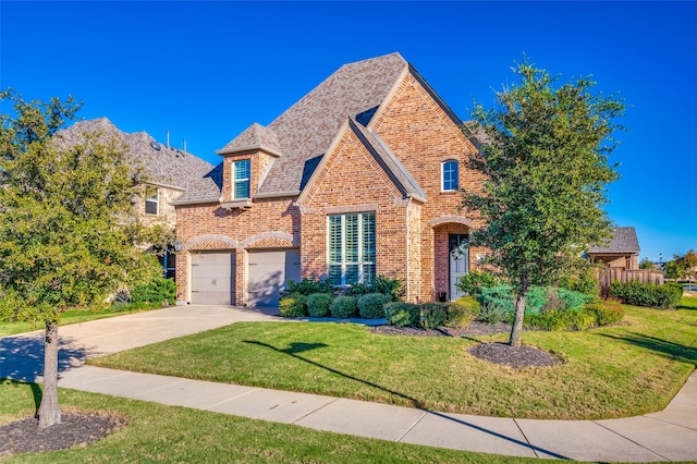 tudor house featuring a garage and a front yard