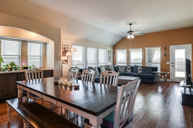 dining room with dark hardwood / wood-style floors, a wealth of natural light, lofted ceiling, and ceiling fan