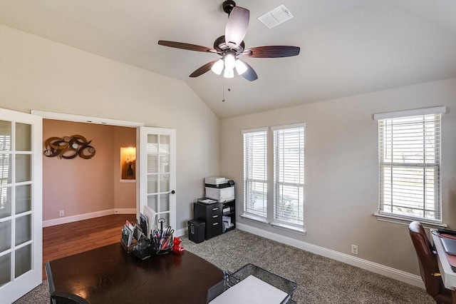 misc room with french doors, vaulted ceiling, plenty of natural light, and ceiling fan