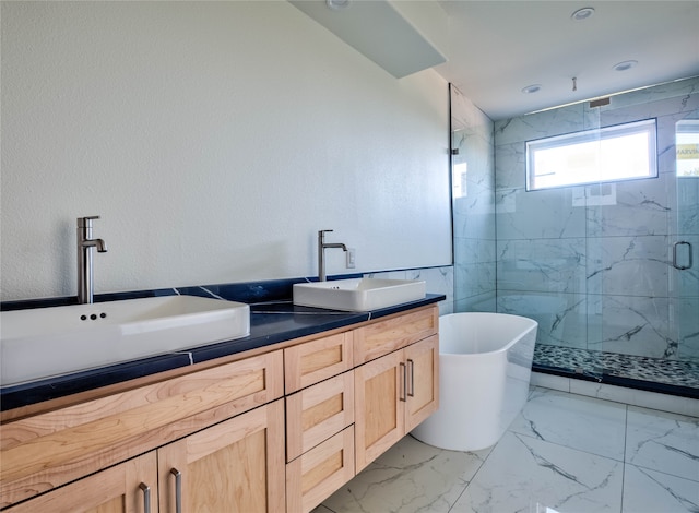 bathroom with vanity and plus walk in shower