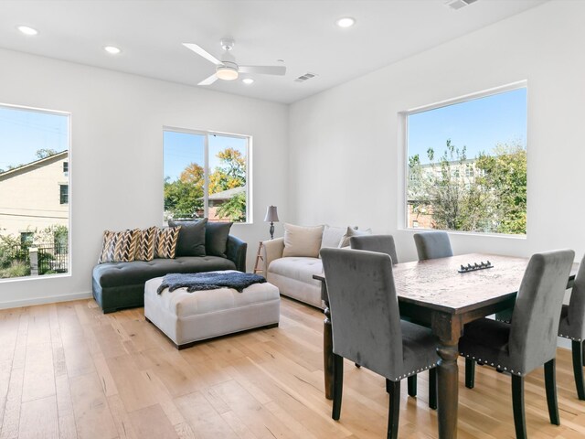 dining space with ceiling fan and light hardwood / wood-style flooring