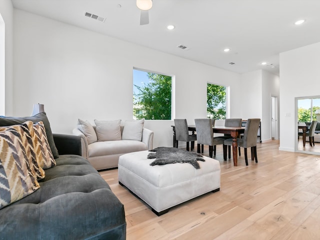 living room featuring ceiling fan, plenty of natural light, and light hardwood / wood-style floors