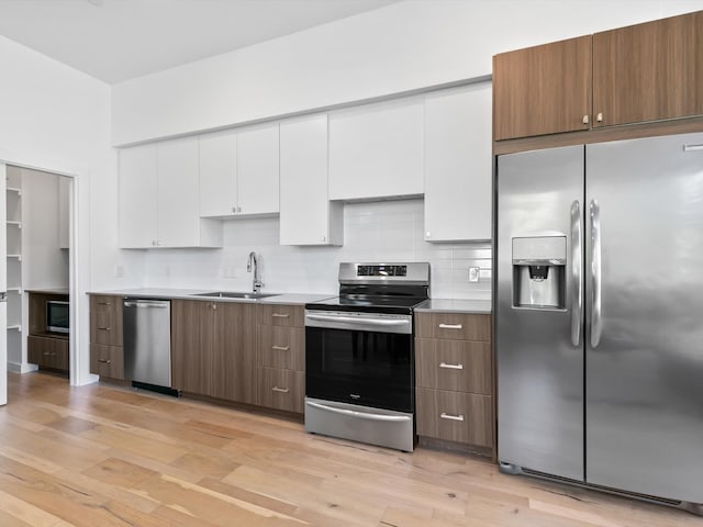 kitchen featuring tasteful backsplash, stainless steel appliances, sink, light hardwood / wood-style floors, and white cabinetry