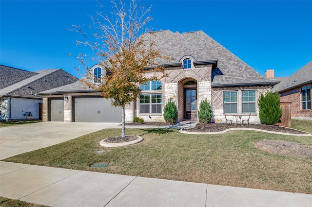 french country home with a garage and a front lawn