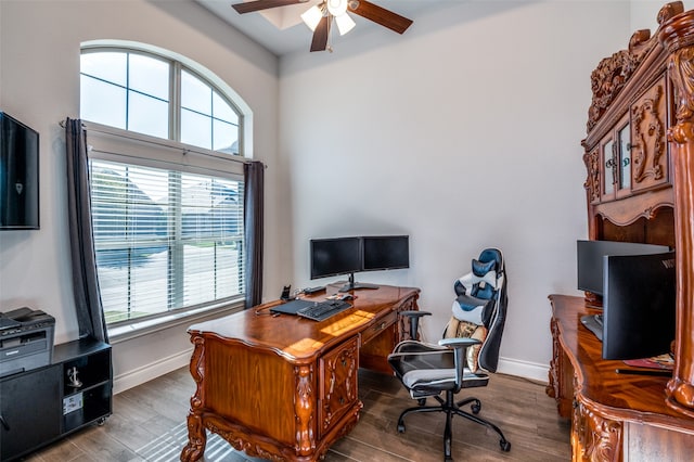 office area featuring dark hardwood / wood-style floors and ceiling fan