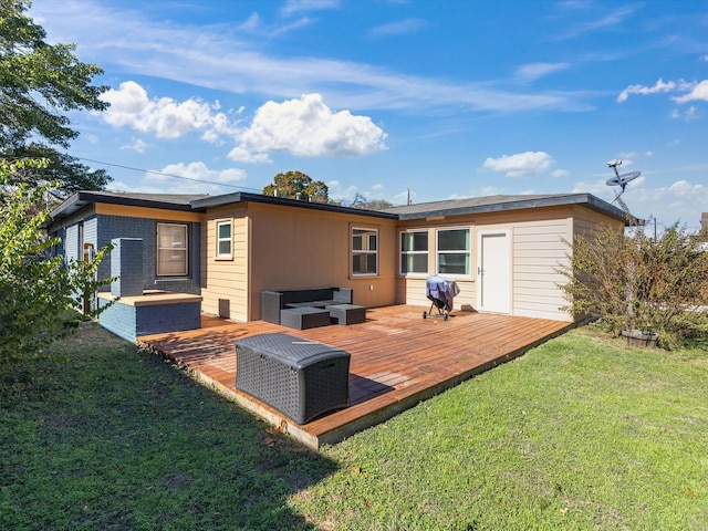 rear view of property featuring a wooden deck, outdoor lounge area, and a yard