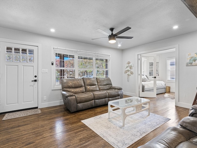 living room with dark hardwood / wood-style flooring, a textured ceiling, and a wealth of natural light