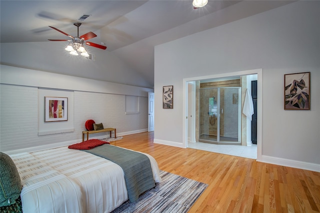 bedroom with hardwood / wood-style floors, ceiling fan, access to exterior, and high vaulted ceiling