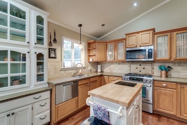 kitchen with sink, wooden counters, vaulted ceiling, white cabinets, and appliances with stainless steel finishes