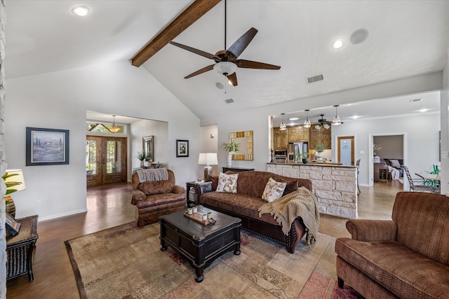 living room with beamed ceiling, ceiling fan, high vaulted ceiling, and french doors