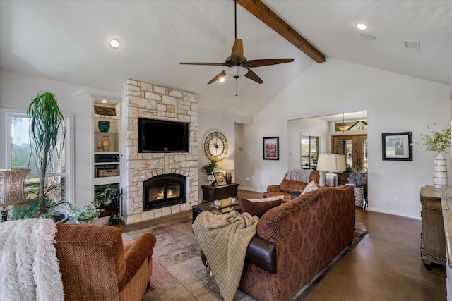 living room featuring beam ceiling, high vaulted ceiling, a stone fireplace, and ceiling fan