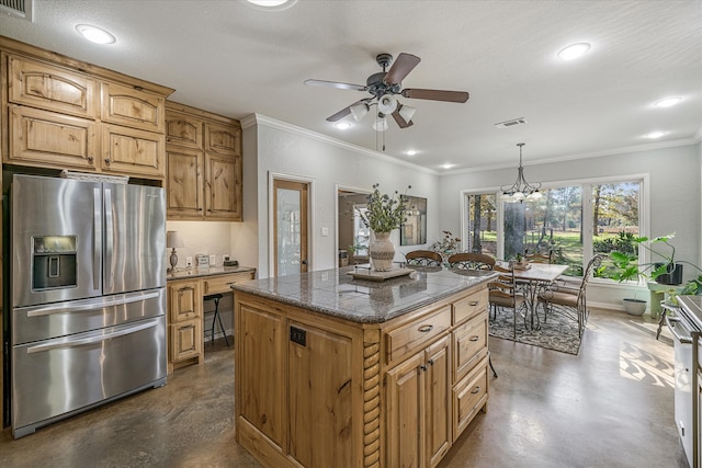 kitchen featuring ornamental molding, a textured ceiling, decorative light fixtures, stainless steel fridge with ice dispenser, and a center island