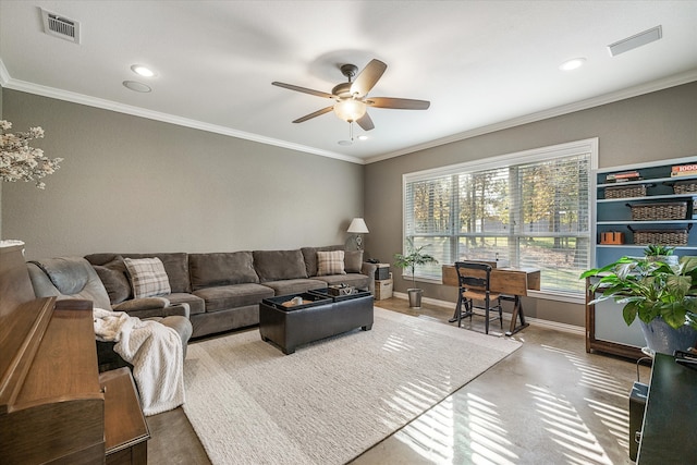 living room with ceiling fan and crown molding