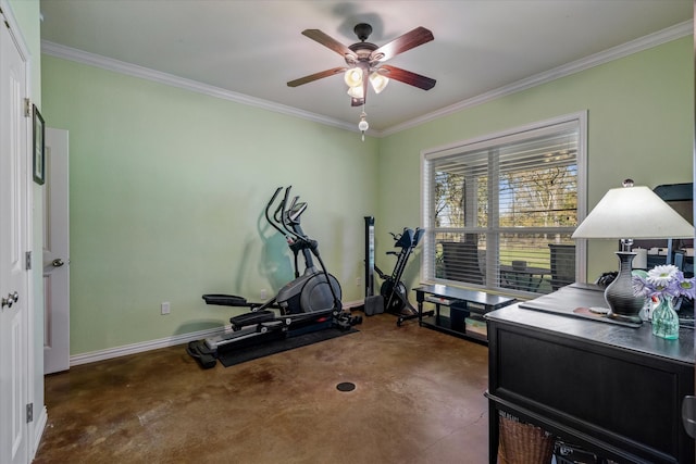 exercise area with ceiling fan and ornamental molding