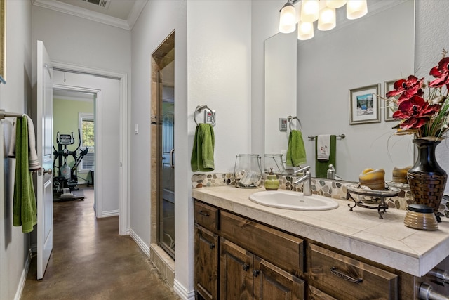 bathroom featuring vanity, concrete floors, an enclosed shower, and crown molding