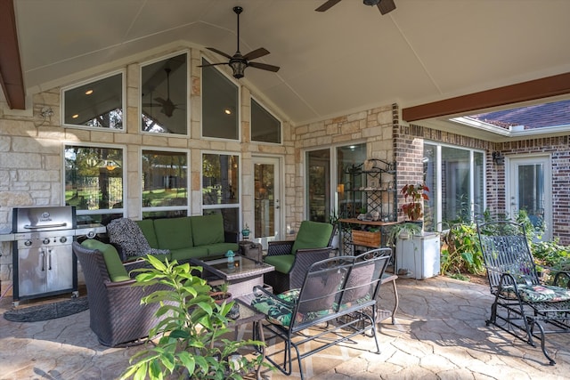 view of patio featuring a grill, an outdoor living space, and ceiling fan