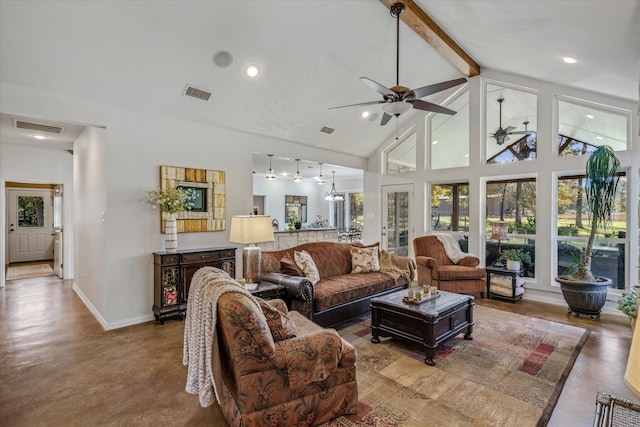 living room with ceiling fan, beamed ceiling, and high vaulted ceiling