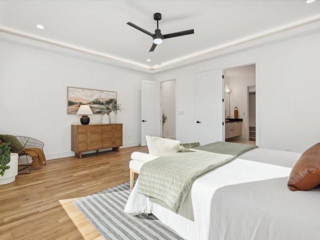 bedroom featuring wood-type flooring and ceiling fan