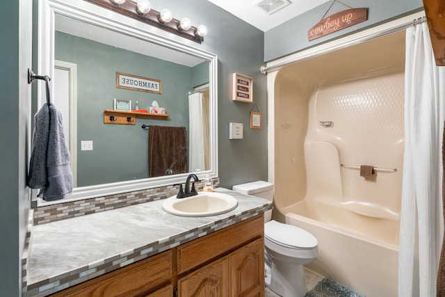 bathroom featuring tasteful backsplash, visible vents, toilet, shower / bath combination with curtain, and vanity