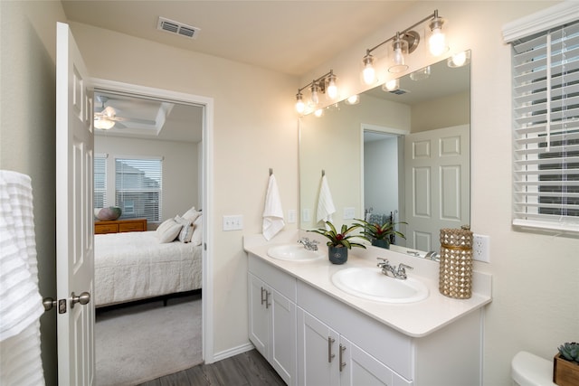 bathroom with ceiling fan, hardwood / wood-style floors, and vanity