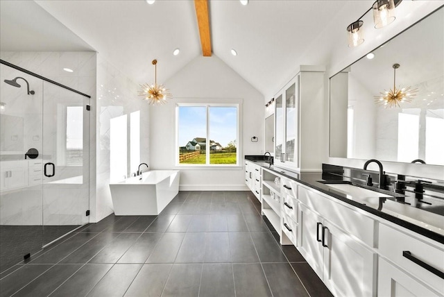 bathroom with tile patterned flooring, vanity, a notable chandelier, lofted ceiling with beams, and plus walk in shower