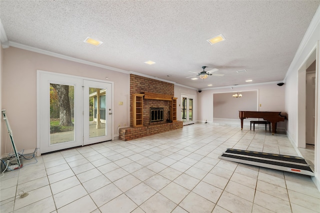 unfurnished living room featuring ceiling fan, a fireplace, light tile patterned floors, and a textured ceiling