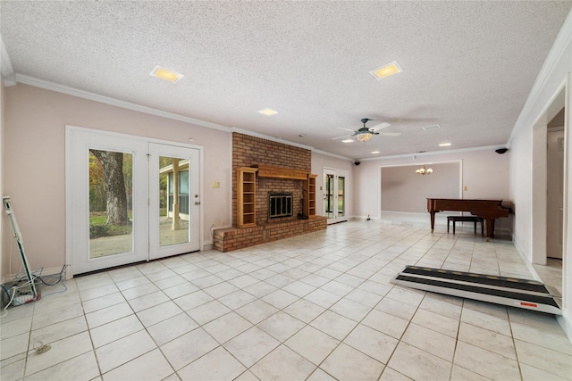 unfurnished living room featuring light tile patterned flooring, crown molding, a textured ceiling, and a fireplace