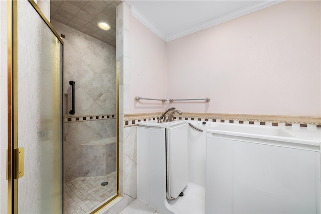 bathroom featuring ornamental molding and walk in shower