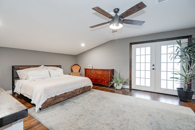 bedroom featuring french doors, vaulted ceiling, dark hardwood / wood-style floors, ceiling fan, and access to exterior