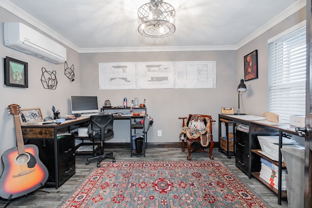 office space featuring an AC wall unit, an inviting chandelier, ornamental molding, and hardwood / wood-style flooring