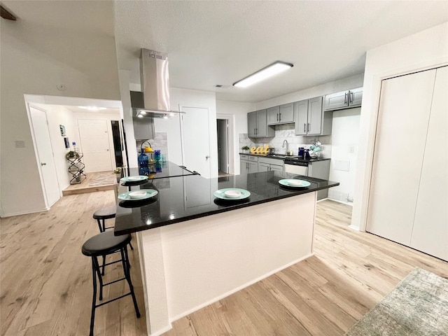 kitchen with kitchen peninsula, light wood-type flooring, tasteful backsplash, gray cabinets, and range hood