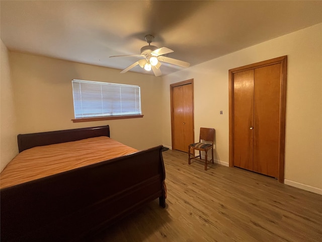 bedroom with hardwood / wood-style flooring, ceiling fan, and two closets