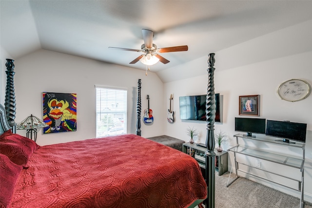 carpeted bedroom with vaulted ceiling and ceiling fan