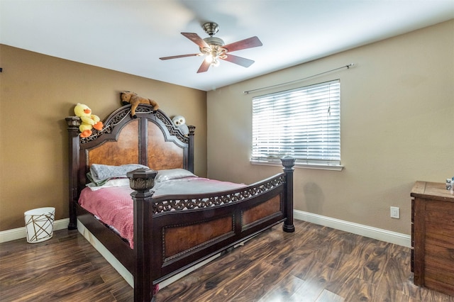 bedroom featuring ceiling fan and dark hardwood / wood-style flooring