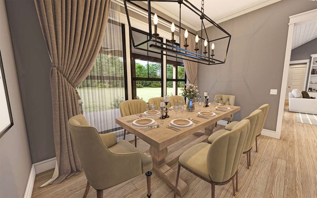 dining area with a notable chandelier, light wood-type flooring, and ornamental molding