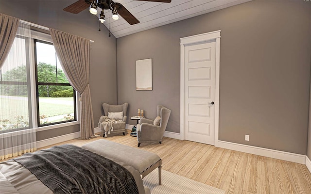 bedroom with wood ceiling, ceiling fan, wood-type flooring, and lofted ceiling