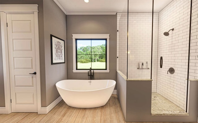 bathroom featuring hardwood / wood-style floors, crown molding, and shower with separate bathtub