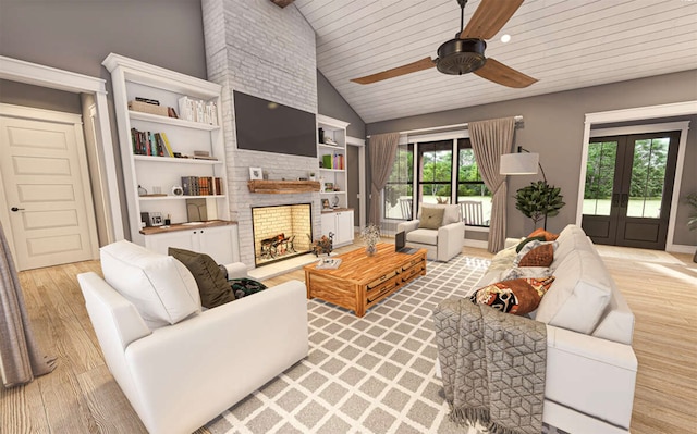 living room featuring wooden ceiling, french doors, ceiling fan, a fireplace, and light hardwood / wood-style floors