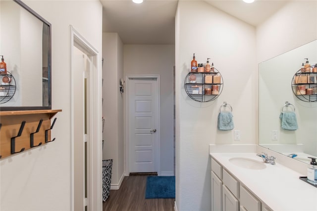 bathroom with hardwood / wood-style flooring and vanity