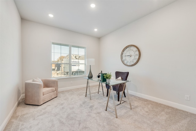 home office featuring light carpet