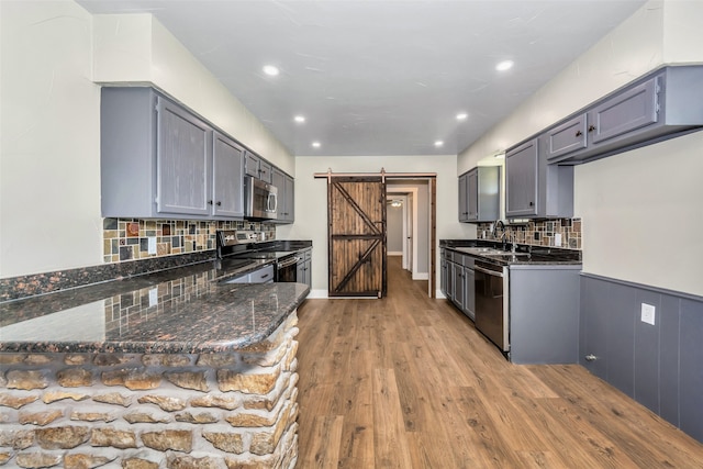 kitchen featuring light wood-type flooring, a barn door, stainless steel appliances, and tasteful backsplash