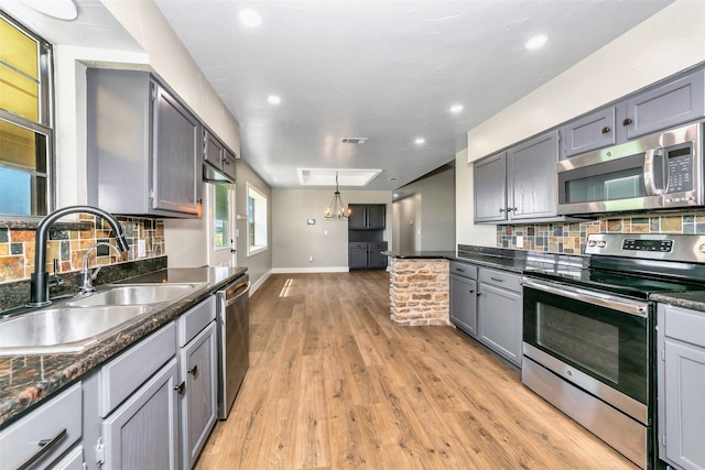 kitchen with gray cabinetry, sink, stainless steel appliances, tasteful backsplash, and light hardwood / wood-style floors