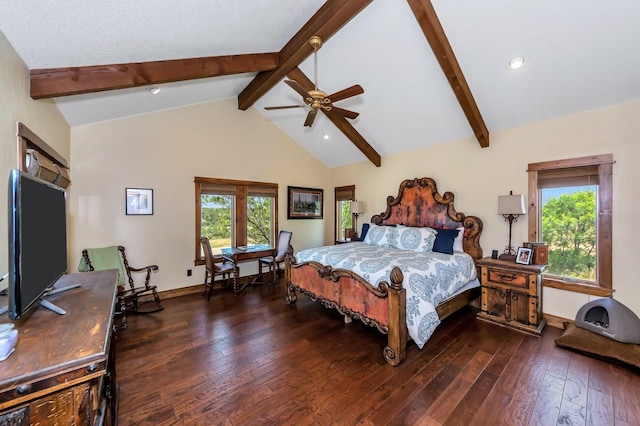 bedroom featuring multiple windows, dark wood-type flooring, and ceiling fan