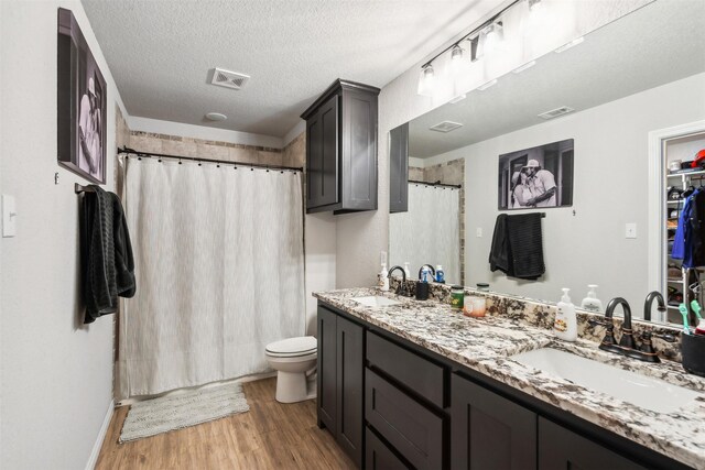 bathroom featuring walk in shower, hardwood / wood-style floors, a textured ceiling, toilet, and vanity